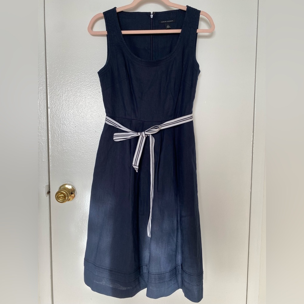 Vintage Banana Republic 100% Linen Navy Dress with Striped Belt